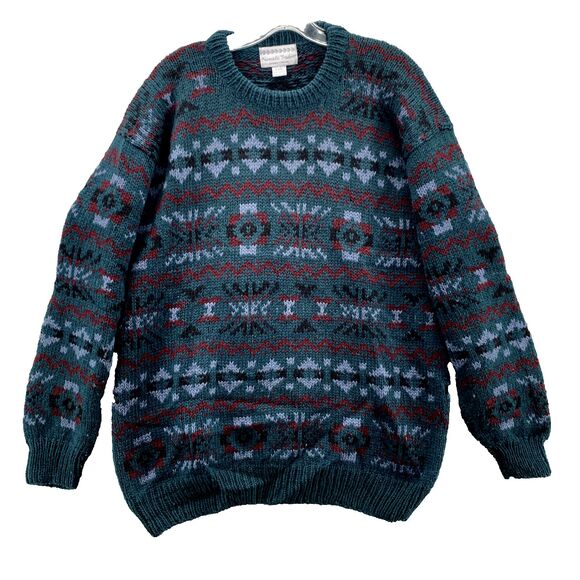Vintage Nomadic Traders Sweater Men Large Blue Wool Knit Chunky Grandpa Peru 90s - Picture 1 of 9